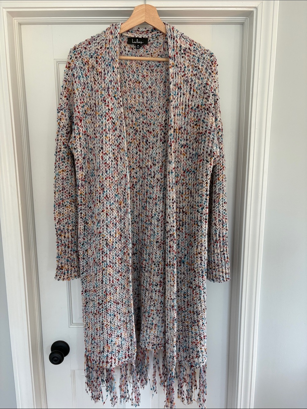 Lulu's Cream Multicolor Speckled Fringe Open Cardigan